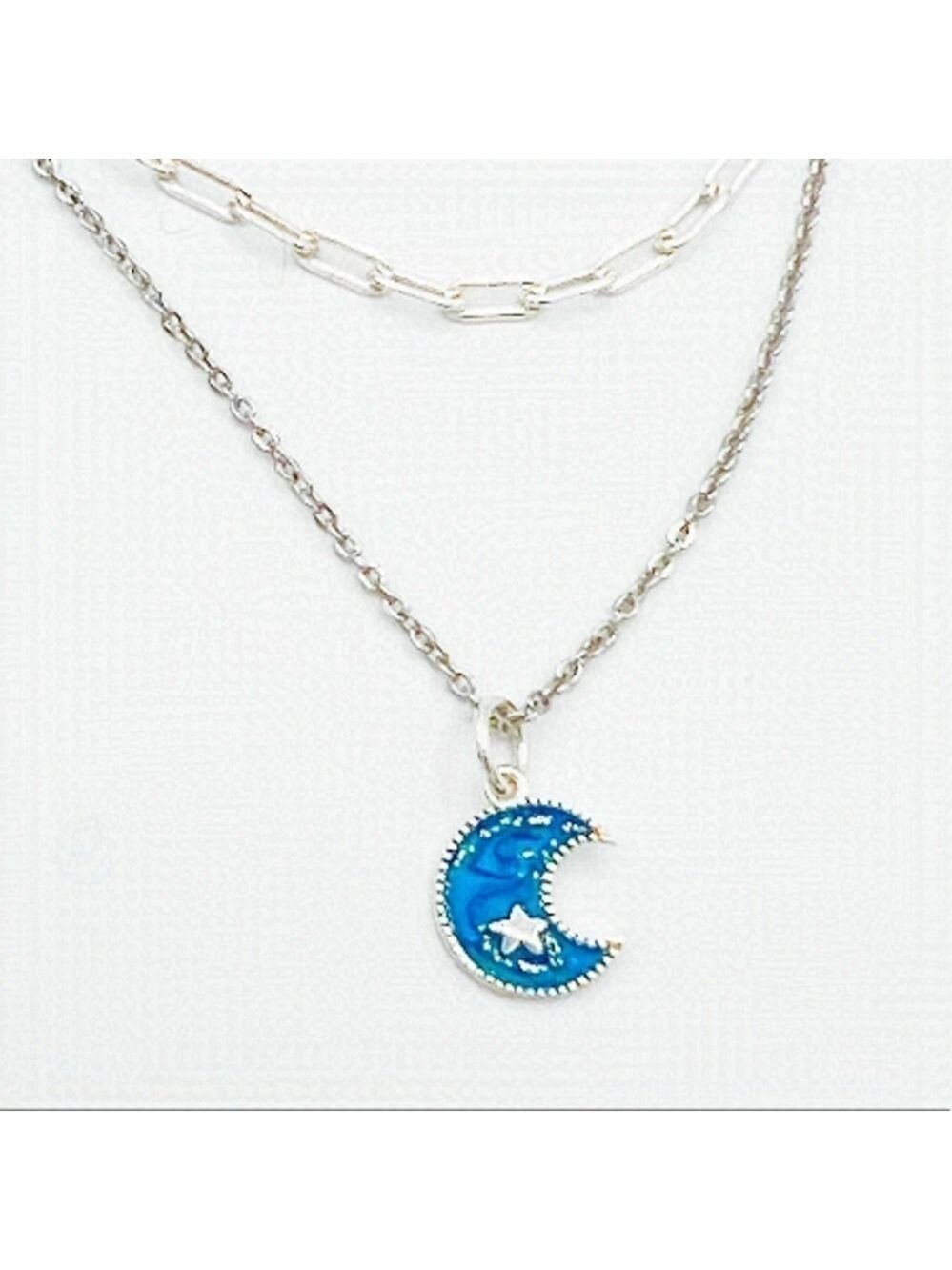 Layered 925 Necklaces With Turquoise Moon Charm.